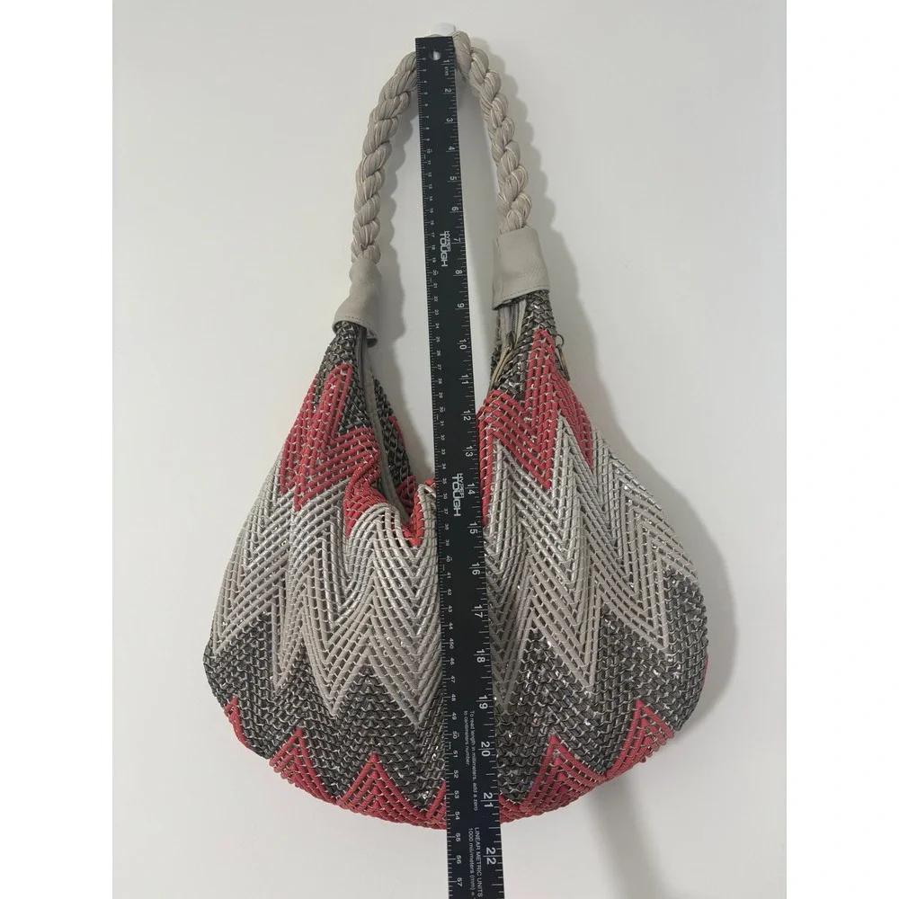 Big Buddha Woven Chevron Hobo Bag Red Grey Metallic Zig Zag Slouchy